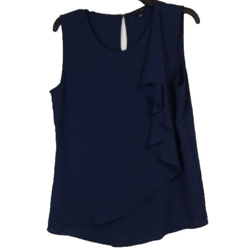 Ann Taylor Womens Sleeveless Blouse Top Medium‎ Navy Ruffle Carrier Preppy